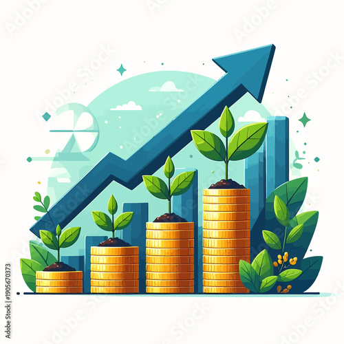 Flat design vector illustration shows investment growth concept with upward arrow graph rising