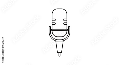 Black line art drawing of a vintage studio microphone on a white background, symbolizing audio recording and broadcasting.
