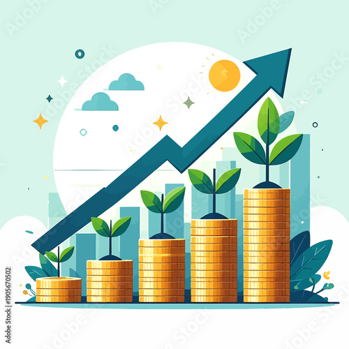 Flat design vector illustration shows investment growth concept with upward arrow graph rising