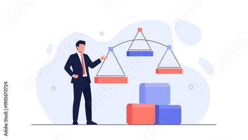 Businessman balancing scales with blocks, concept of decision making, justice, and fairness