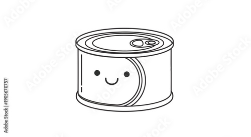 Adorable canned food character with cheerful expression in minimalist line art style design