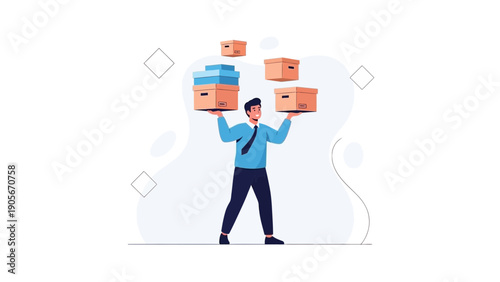 Businessman juggling boxes, concept of multitasking and logistics