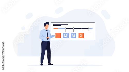Businessman presenting project timeline with milestones on a whiteboard illustration