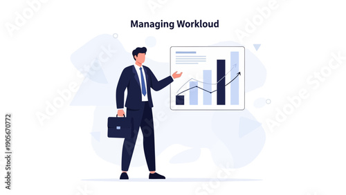 Businessman analyzing financial graph, managing workload, business growth concept illustration