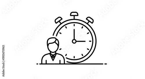 Line art icon depicting a person standing next to a stopwatch, symbolizing time management, efficiency, and productivity in a business or personal context.