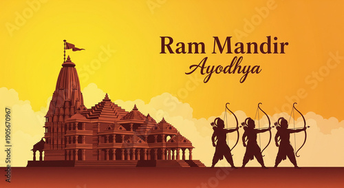 Ram Mandir Ayodhya Silhouette, Vector Illustration on Orange Background.