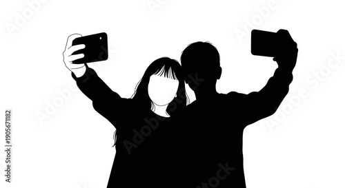 Couple taking selfies together with mobile phones in silhouette.