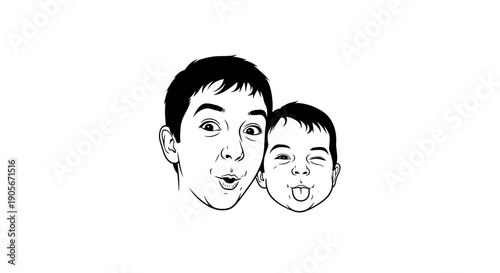Simple black and white illustration of a man and child smiling together.