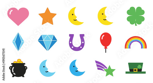Collection of Cartoon Lucky Symbols and Icons.