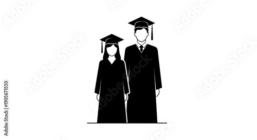 Simple black and white illustration of a male and female graduate in caps and gowns.