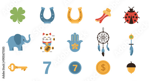 Collection of colorful cartoon good luck charms.