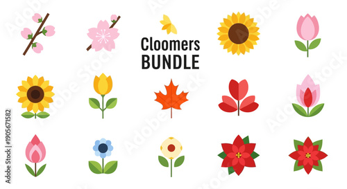 Collection of Colorful Cartoon Flowers and Leaves.