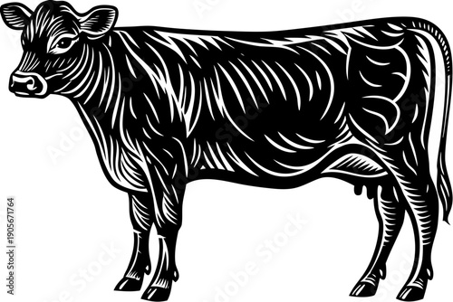 Solid black silhouette of a cow standing in profile, rendered in a clean minimalist vector style on a white background.