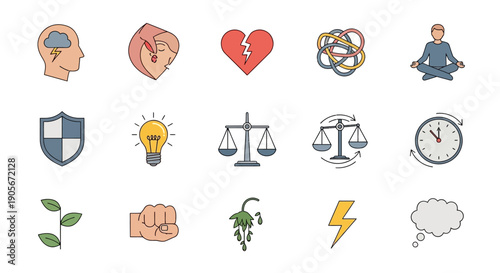 Collection of Simple Line Icons Representing Various Concepts.