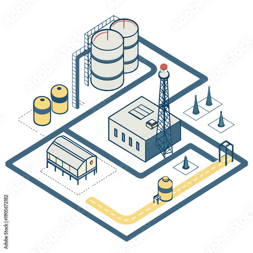 Abstract refinery plan, geometric industrial top view design.