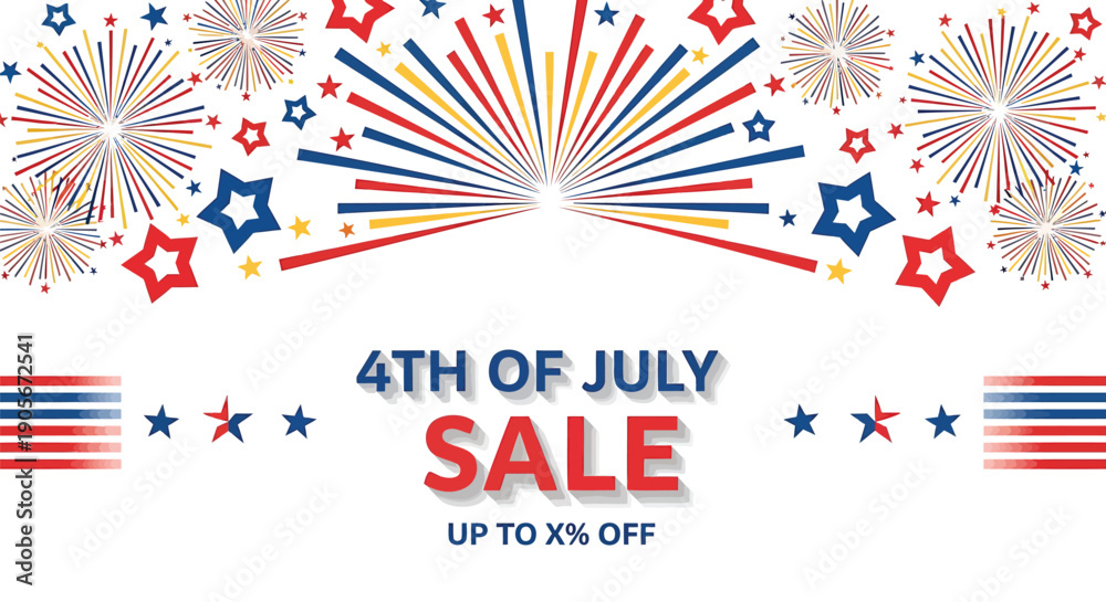 Obraz premium 4th of July sale banner template with fireworks and stars, patriotic overlay effect for website or social media, Independence Day promotion design