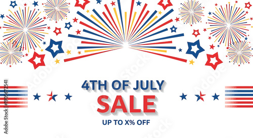 4th of July sale banner template with fireworks and stars, patriotic overlay effect for website or social media, Independence Day promotion design