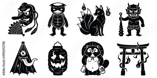 Japanese Mystical Yokai Vector Collection Whimsical Folklore Set