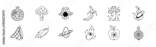 Cosmic Food and Mystical Vegetables Icon Set. Surreal Fruit and Vegetable Line Art Illustrations with Esoteric Symbols.