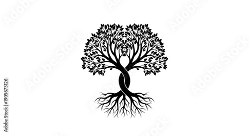 Black silhouette of a tree with intertwined branches and roots.