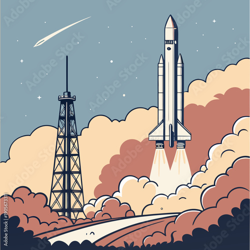 Modern Space Rocket Launching into Sky with Smoke Trail