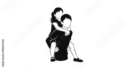Black and white illustration of a man carrying a child on his back.