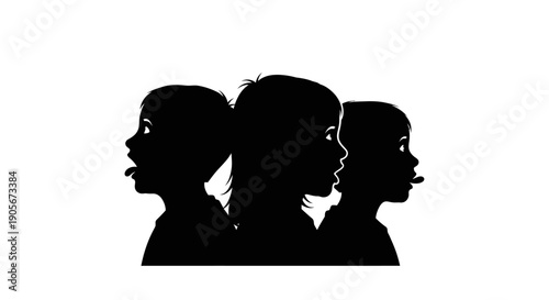 Silhouettes of three people facing different directions together.