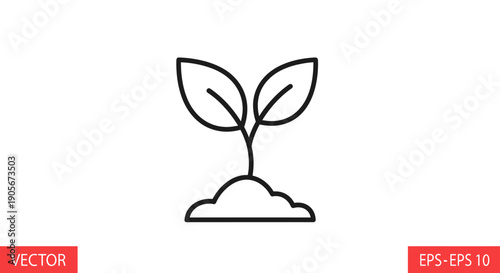 Simple line drawing of a seedling growing from a mound of soil on a white background in a minimalist style.