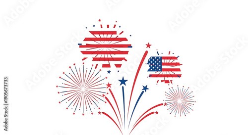 Vector American flag fireworks display with red, white, and blue stars and stripes, patriotic illustration for Independence Day or USA celebration, Isolated on transparent background, png