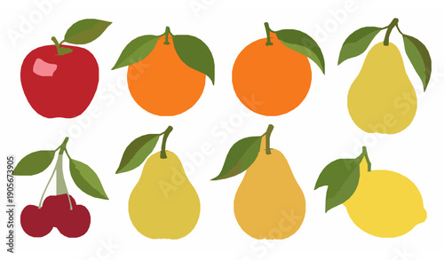 Whole fresh fruits with leaves vector set isolated on white