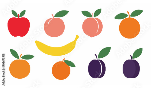 Minimal whole fruit with leaves flat vector illustration collection