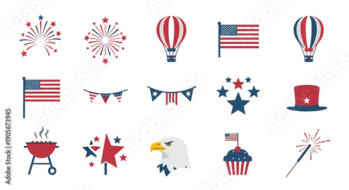 Patriotic icons set, American symbols, Independence Day illustrations, for banner or poster, isolated on transparent background, png