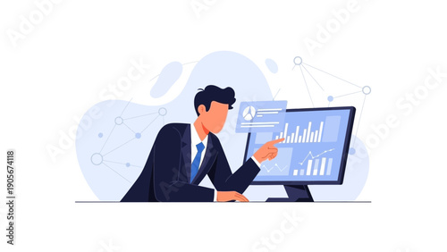 Businessman pointing at financial charts on computer screen, business analytics concept