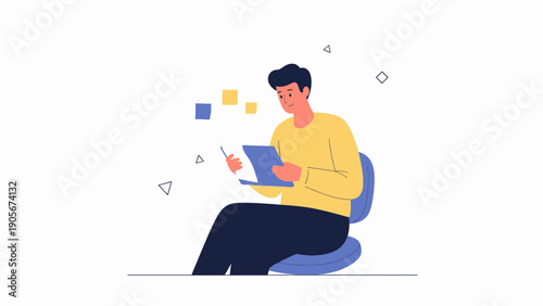 Man Frustrated Reading Document or Tablet, Sitting on Chair