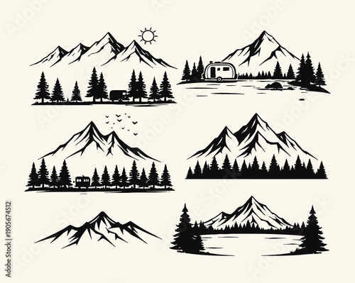 Mountain landscapes with trees and cabins in black and white