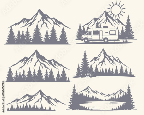Mountain landscapes with trees and camper van illustrations