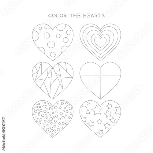 Coloring page with hearts and patterns