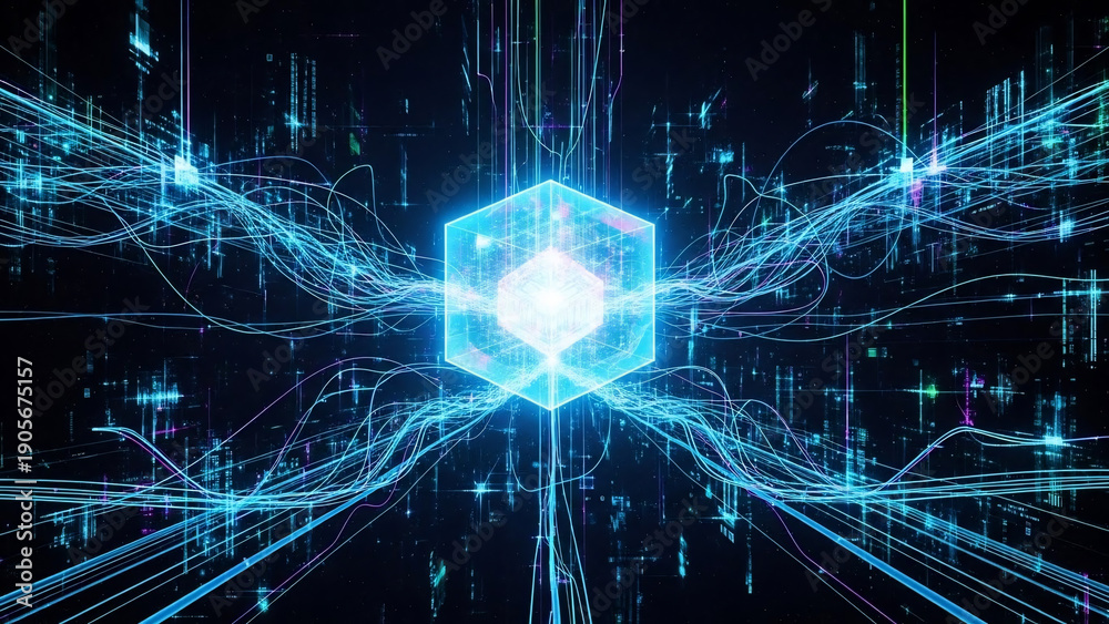 Fototapeta premium Abstract glowing cube with digital data streams and network connections on dark background