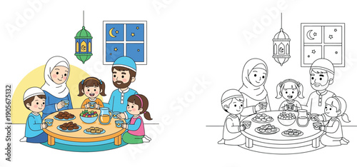 Muslim Family Having Iftar Dinner During Ramadan with Coloring Book Page Version, Islamic Traditions Illustration of Parents and Kids Eating Together at Table with Dates and Lantern.