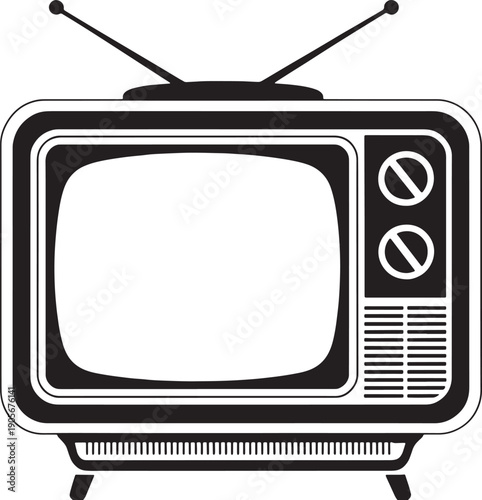 Vintage television with rabbit ear antenna and two control knobs on a white background