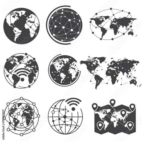 Global Earth & World Map Vector Icons – Black Flat Set