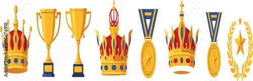 Royal Crown and Trophy Vector Illustration Set with Gold Medals and Laurel Wreath Symbols for Victory, Achievement, Championship Awards, and Luxury Branding Designs