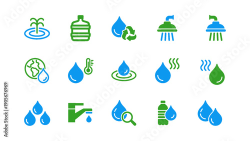 Icons illustrating water usage, energy resources, and utility management concepts.