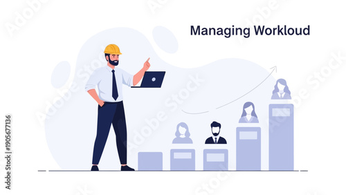 Engineer managing workload with laptop, growth chart and team members