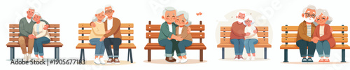 vector of a old couple sitting on a park bench hugging on Valentine's Day