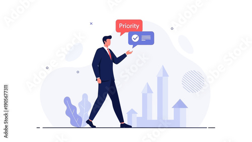 Businessman prioritizing tasks with checklist and growth graph illustration