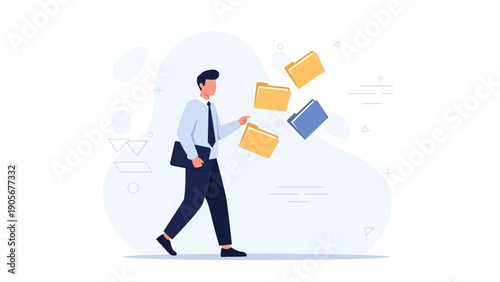 Businessman juggling files, managing workflow, organized data concept vector illustration