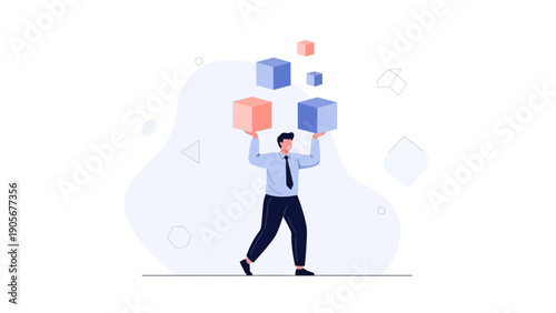 Businessman juggling abstract cubes, representing strategy, planning, and problem-solving