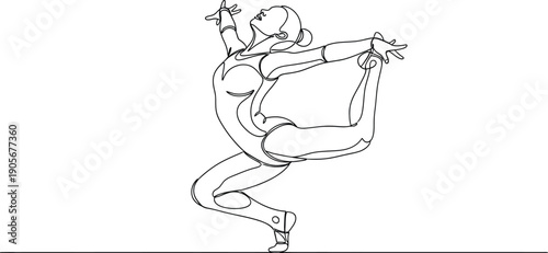 Continuous line drawing depicts a graceful female gymnast performing a demanding balance pose showcasing artistic flexibility and athletic prowess in a simple style.