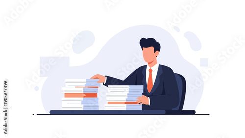 Businessman working with stack of documents and papers at desk, office illustration